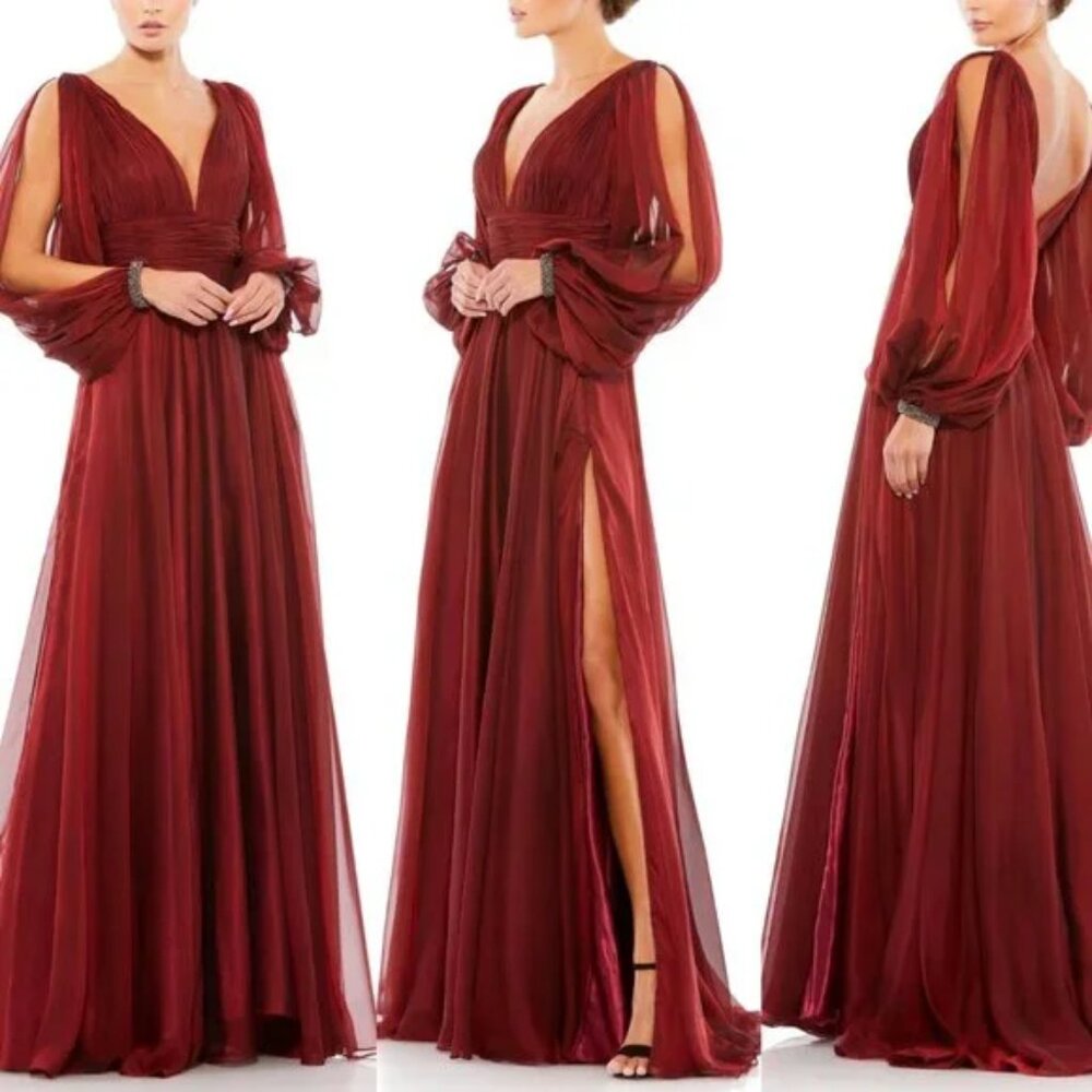 Mac Duggal 67414 Size 8 Long Sleeve V-Neck Red Chiffon Long Maxi Gown Dress‎